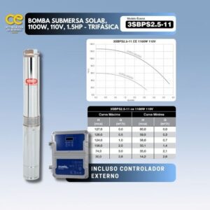 Bomba Solar Ebara Écaros 3bps2.5-11 ce, 1100w, 110v, 1.5HP - Trifásica, com controlador externo